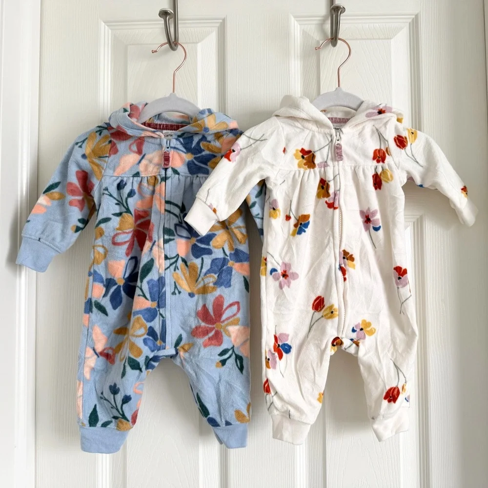 Carters Bundle | 2 Infant Girls Fleece Zip Hooded Jumpsuit | 3 months | Floral